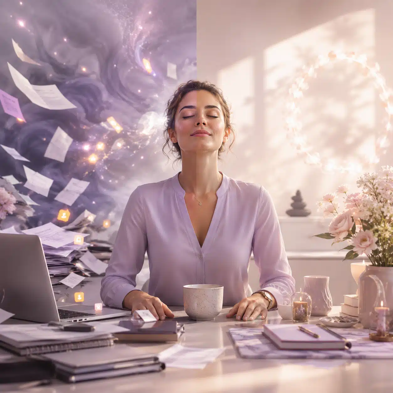 Femme sereine à son bureau : lâcher prise au travail et équilibre professionnel