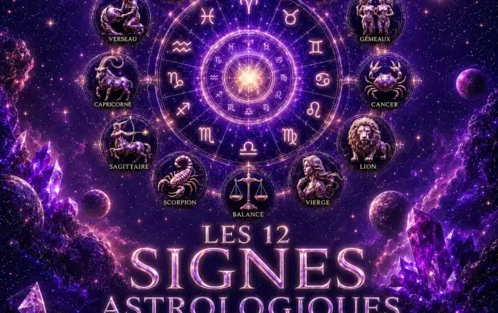 Illustration des 12 signes astrologiques avec roue du zodiaque, caractère, amour, compatibilité, pierres et couleurs par Sophie Vitali