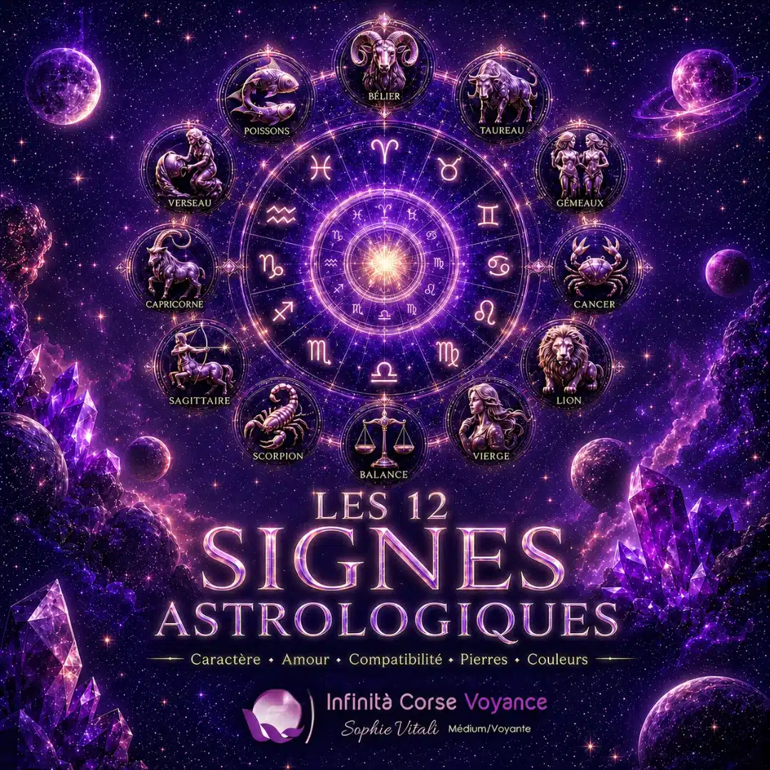 Illustration des 12 signes astrologiques avec roue du zodiaque, caractère, amour, compatibilité, pierres et couleurs par Sophie Vitali