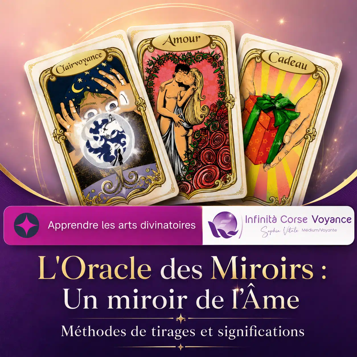 Cartes de l’Oracle des Miroirs avec les cartes Clairvoyance, Amour et Cadeau pour apprendre les arts divinatoires avec Sophie Vitali