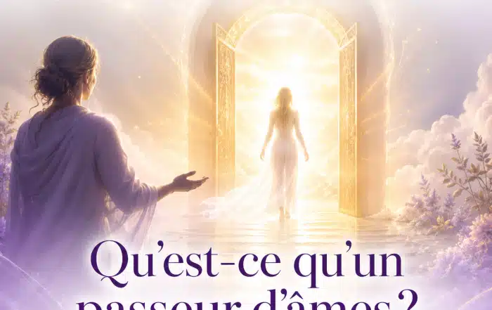Illustration d’un passeur d’âmes guidant une âme vers la lumière, avec Sophie Vitali et Infinità Corse Voyance.