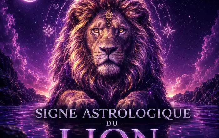 Illustration 3D du signe astrologique du Lion avec lion cosmique, symbole zodiacal, étoiles et univers violet pour un guide sur le caractère, l’amour, la compatibilité, les pierres et les couleurs.