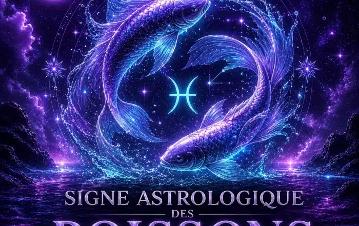 Illustration 3D du signe astrologique des Poissons avec deux poissons cosmiques, symbole astrologique, eau lumineuse, étoiles et univers violet pour un guide sur le caractère, l’amour, la compatibilité, les pierres et les couleurs.