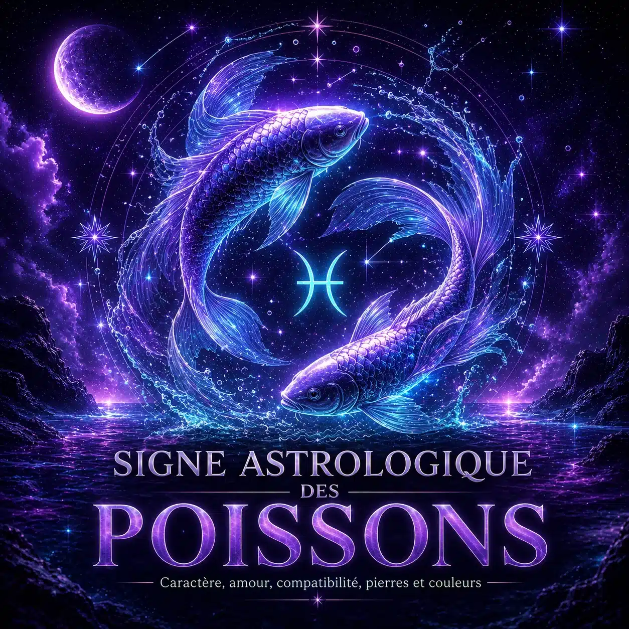 Illustration 3D du signe astrologique des Poissons avec deux poissons cosmiques, symbole astrologique, eau lumineuse, étoiles et univers violet pour un guide sur le caractère, l’amour, la compatibilité, les pierres et les couleurs.