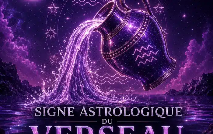 Illustration 3D du signe astrologique du Verseau avec amphore cosmique, eau lumineuse, symbole du Verseau, étoiles et univers violet pour un guide sur le caractère, l’amour, la compatibilité, les pierres et les couleurs.