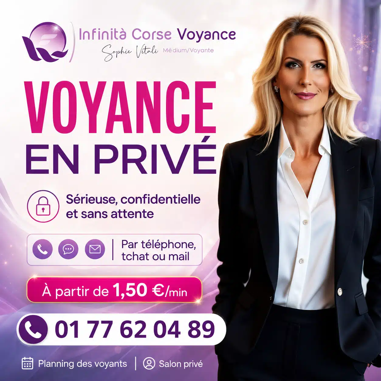 Voyance en privé avec Sophie Vitali, consultation confidentielle par téléphone, tchat ou mail dès 1,50 €/min chez Infinità Corse Voyance.