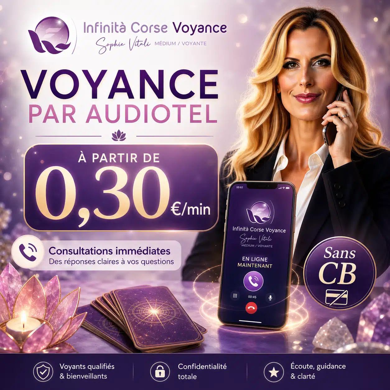 Voyance par audiotel pas cher en Corse avec Sophie Vitali, consultations sans CB dès 0,30 €/min.