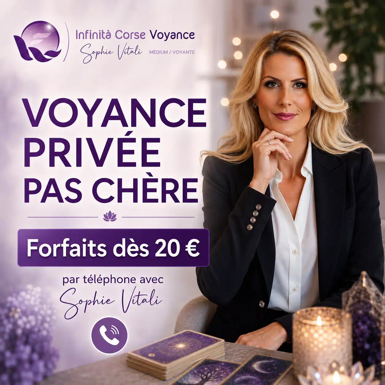Voyance privée pas chère avec Sophie Vitali, forfaits dès 20 € chez Infinità Corse Voyance.