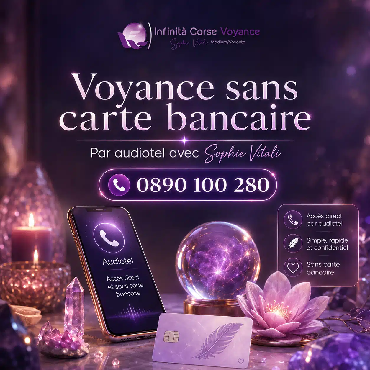 Voyance sans carte bancaire par audiotel avec Sophie Vitali au 0890 100 280