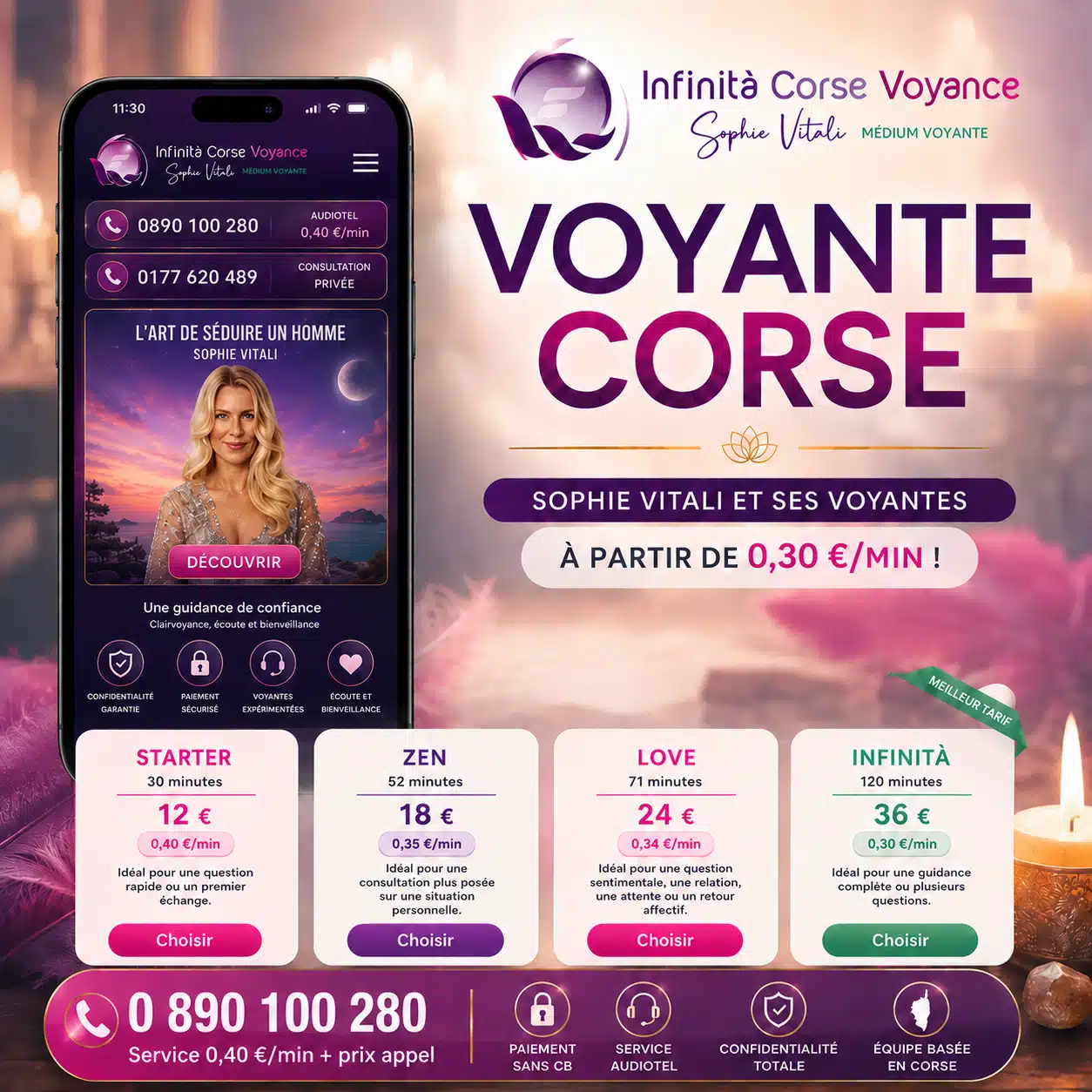 Voyante corse par audiotel sans carte bancaire avec Sophie Vitali Voyante corse par téléphone sans carte bancaire : Sophie Vitali, médium et voyante en Corse, et ses forfaits audiotel dès 0,30 €/min
