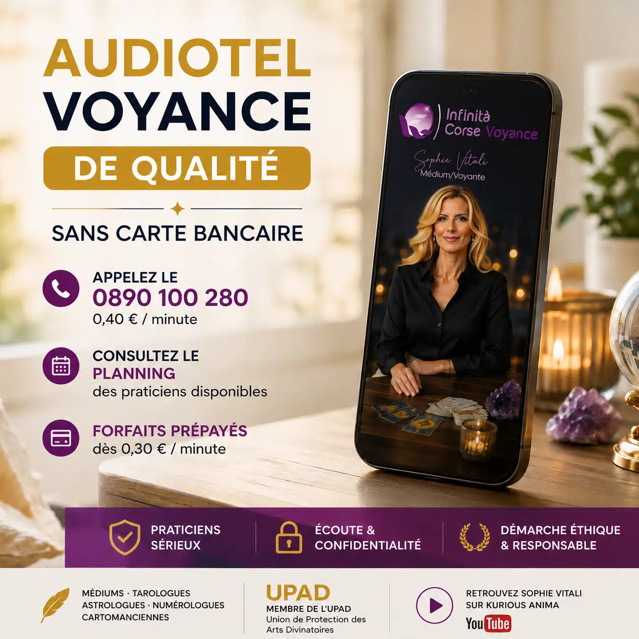 Audiotel voyance de qualité sans CB avec Sophie Vitali Audiotel voyance de qualité sans carte bancaire en Corse : tarifs dès 0,30 €/min avec Sophie Vitali