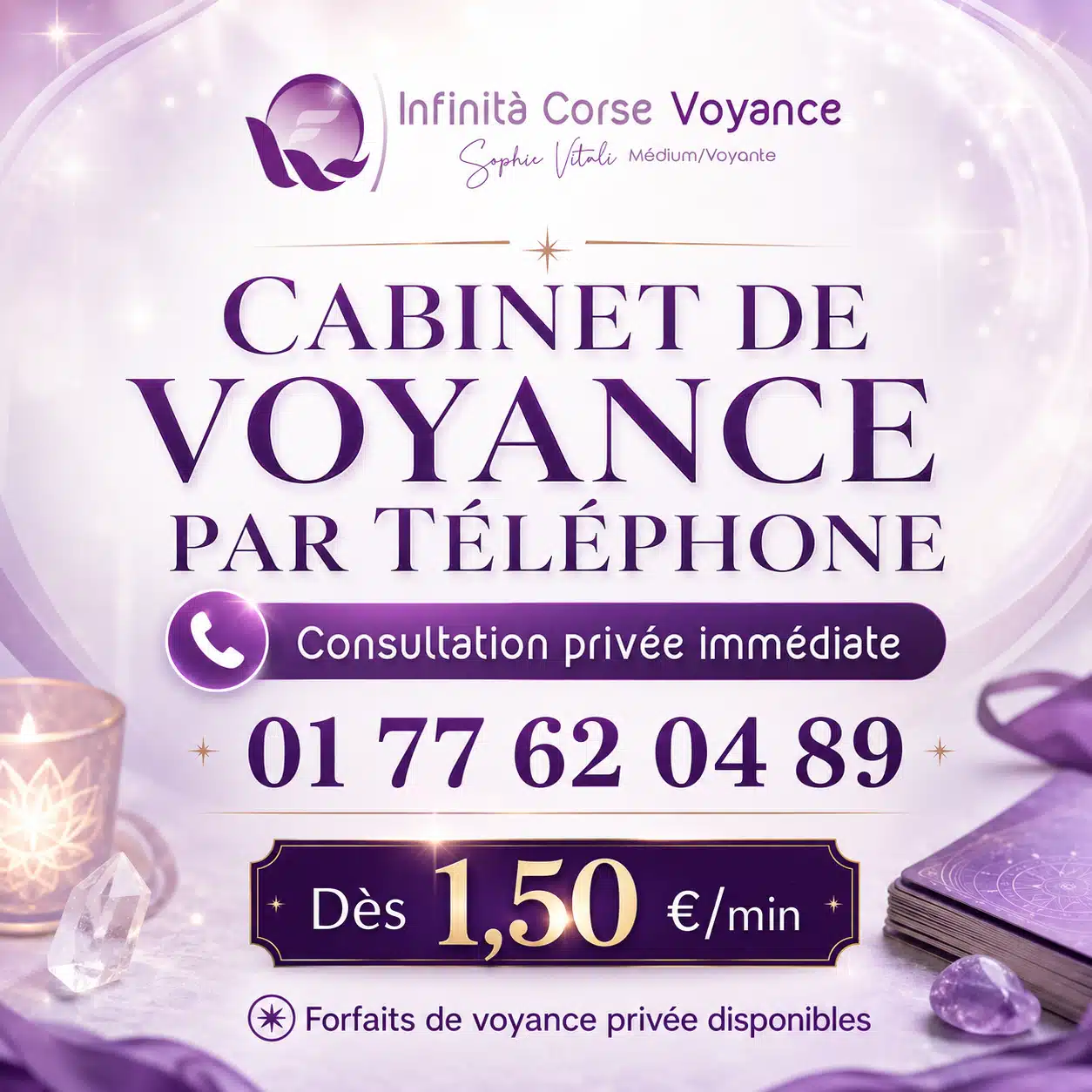 Cabinet de voyance par téléphone – consultation privée avec Sophie Vitali Cabinet de voyance par téléphone : consultation privée immédiate au 01 77 62 04 89, forfaits dès 1,50 € la minute