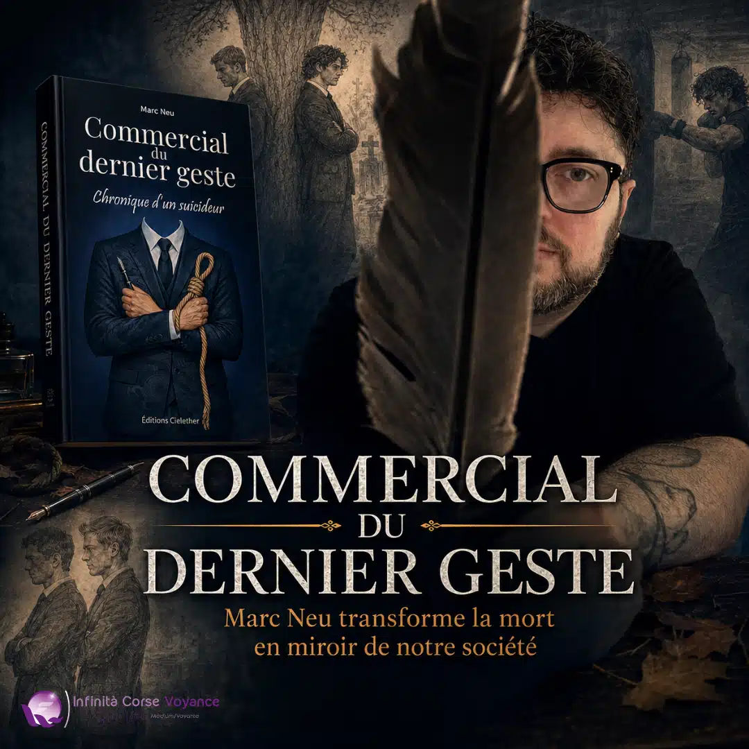 Visuel du roman Commercial du dernier geste de Marc Neu avec le portrait de l’auteur, la couverture du livre et les personnages de la dystopie