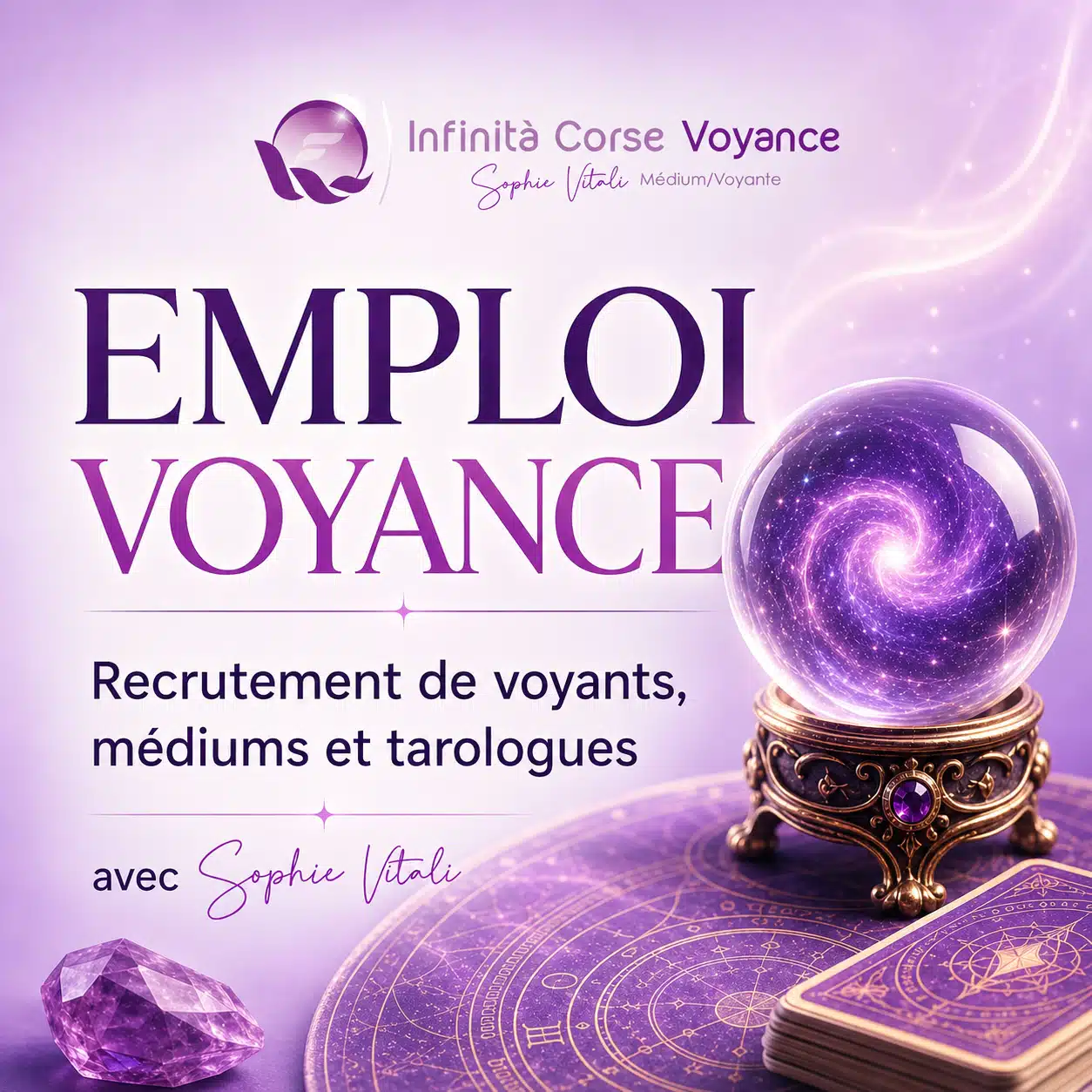 Image principale Emploi voyance pour le recrutement de voyants, médiums et tarologues par Sophie Vitali sur Infinità Corse Voyance.
