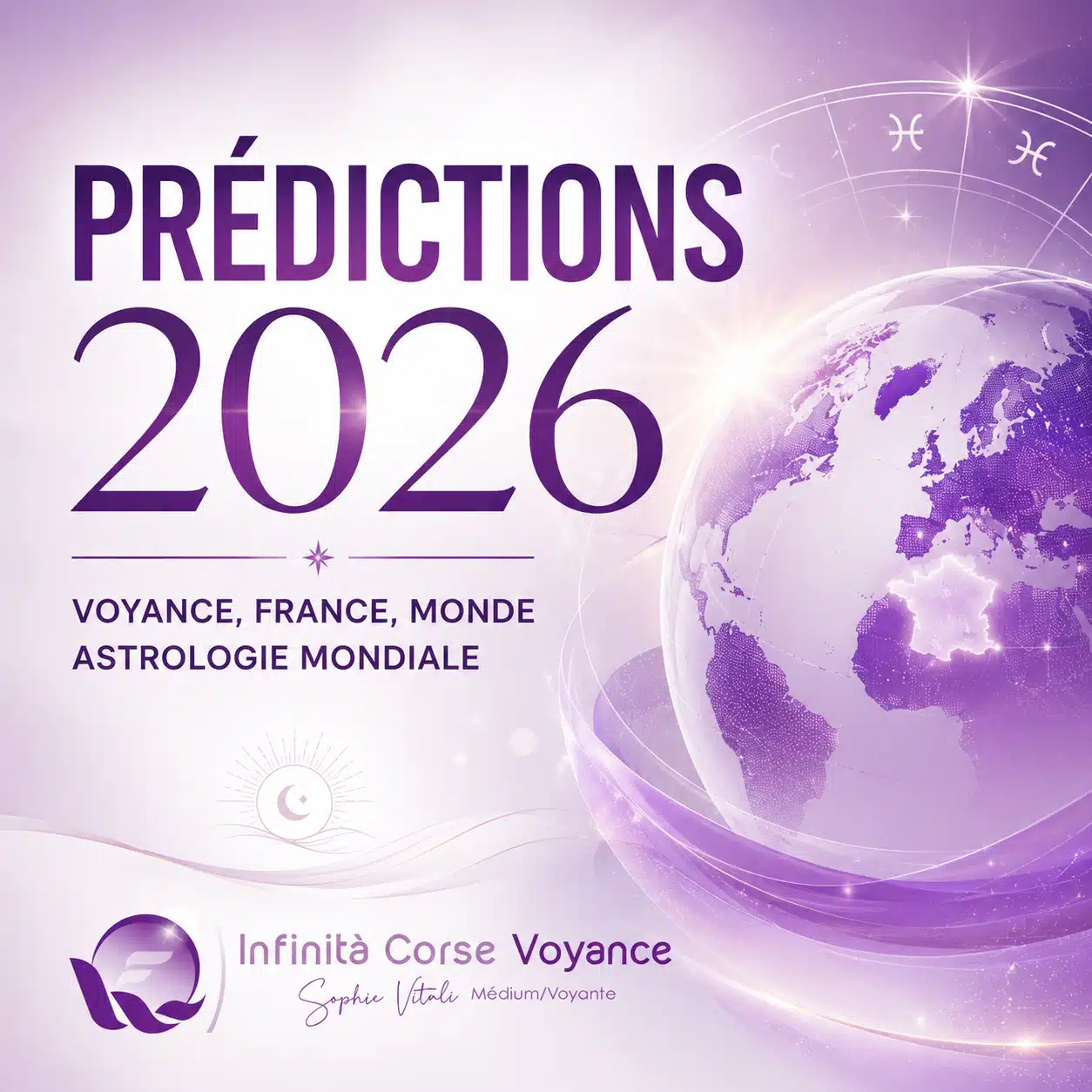 Illustration des prédictions 2026 en voyance, astrologie mondiale, France et monde sur Infinità Corse Voyance.