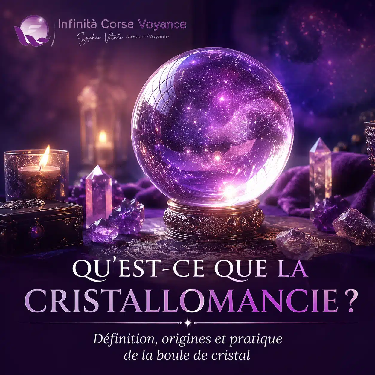 Boule de cristal lumineuse illustrant la cristallomancie, avec le logo Infinità Corse Voyance de Sophie Vitali