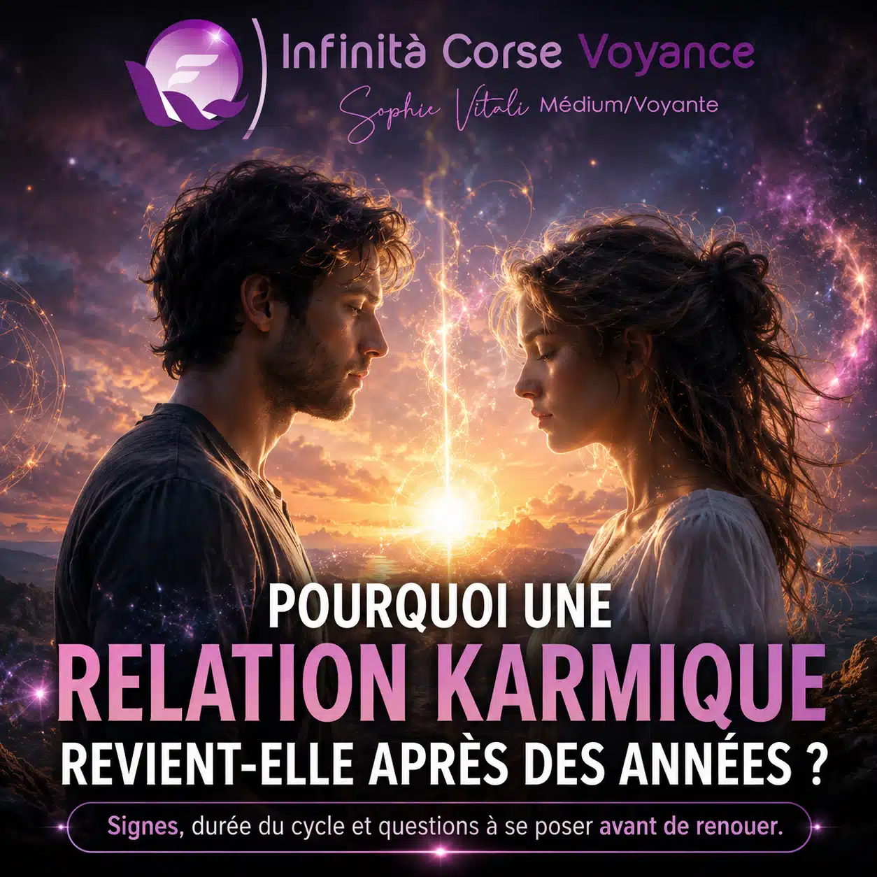 Pourquoi une relation karmique revient-elle après des années ? Un homme et une femme reliés par une lumière spirituelle au coucher du soleil : accompagner un proche qui traverse la nuit noire de l’âme