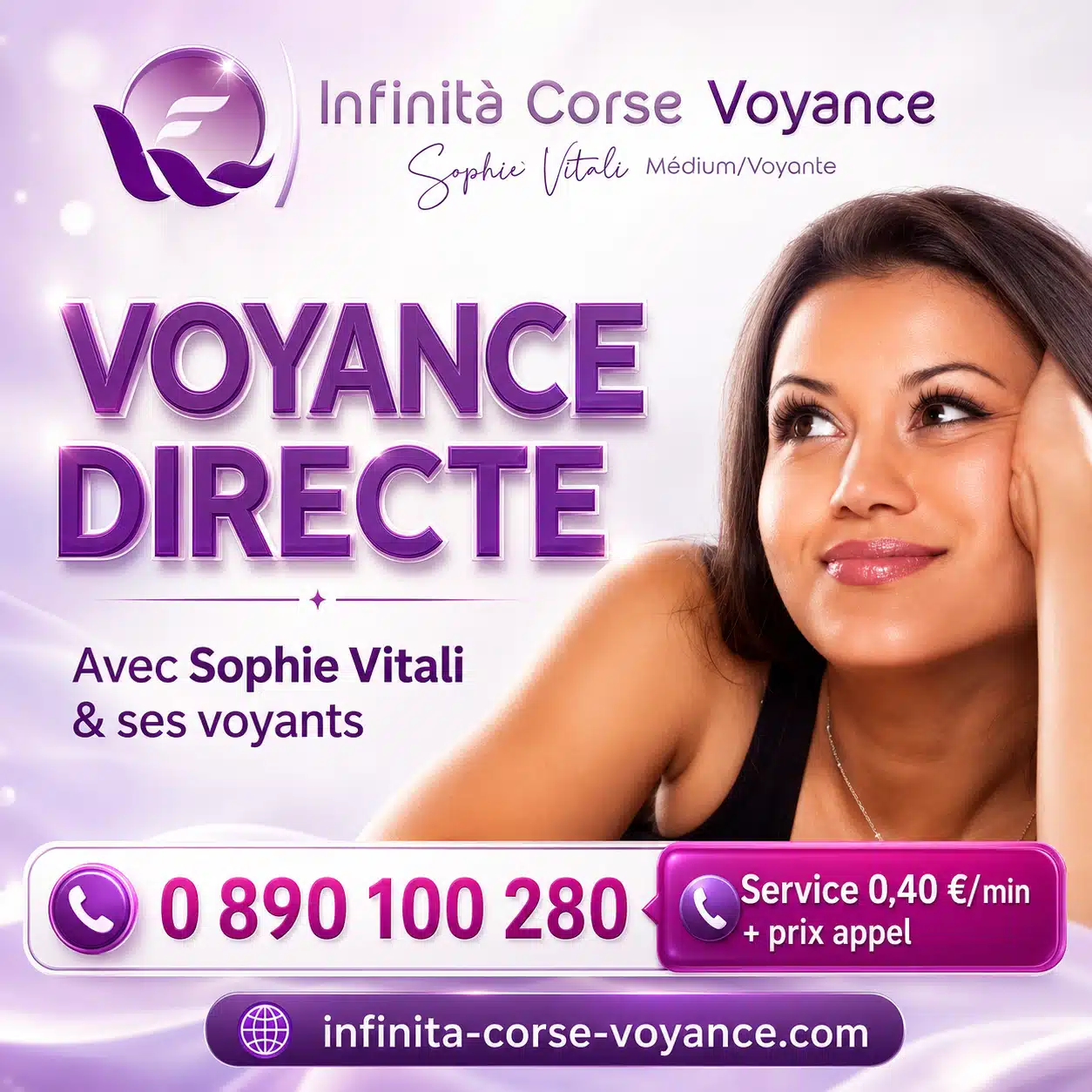 Voyance directe sans CB avec Sophie Vitali au 0890 100 280 Voyance sans carte bancaire par téléphone avec Infinità Corse Voyance au 0890 100 280