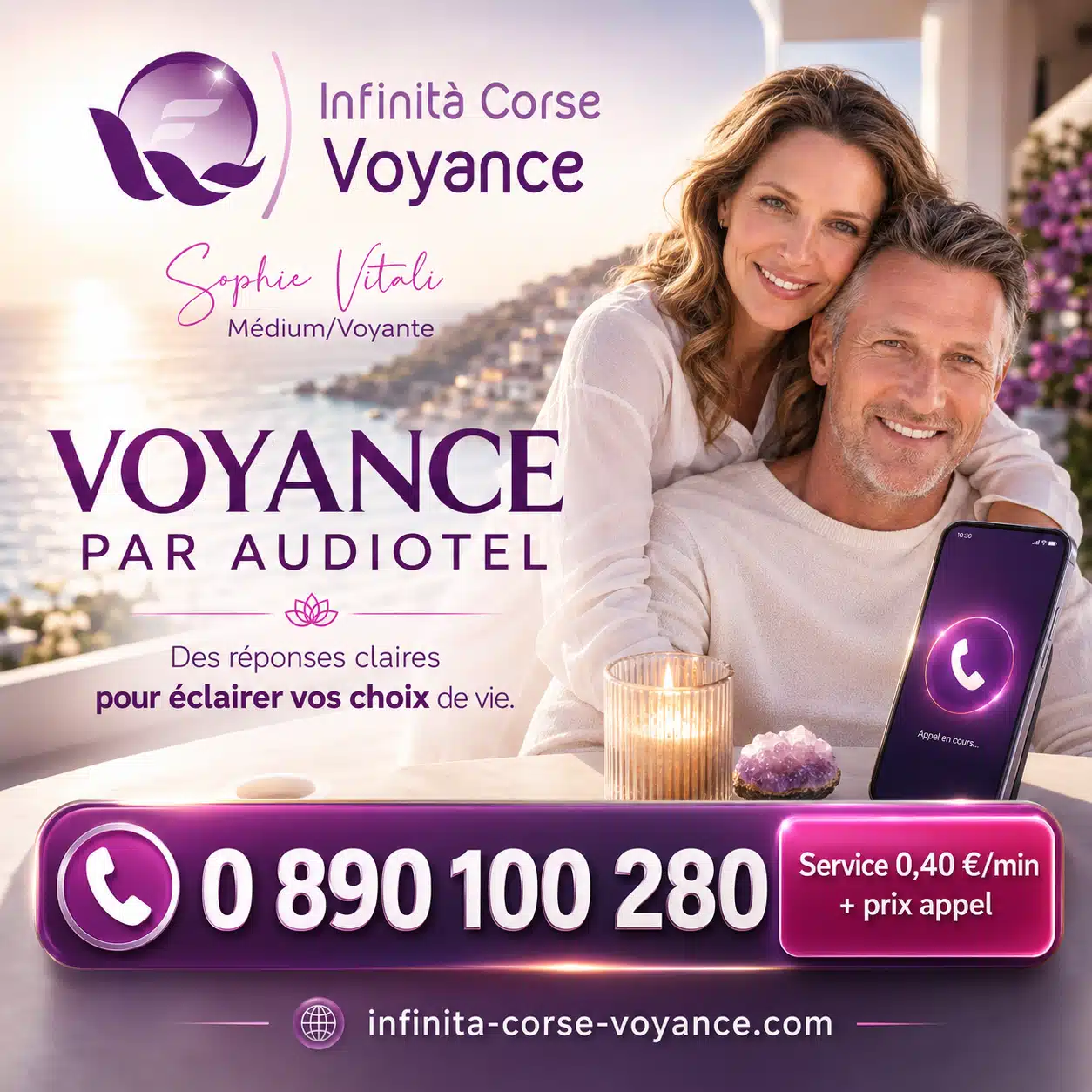 Voyance par audiotel sans CB avec Infinità Corse Voyance et Sophie Vitali Voyance par audiotel sans CB avec Infinità Corse Voyance, consultation immédiate au 0890 100 280 à 0,40 €/min avec Sophie Vitali