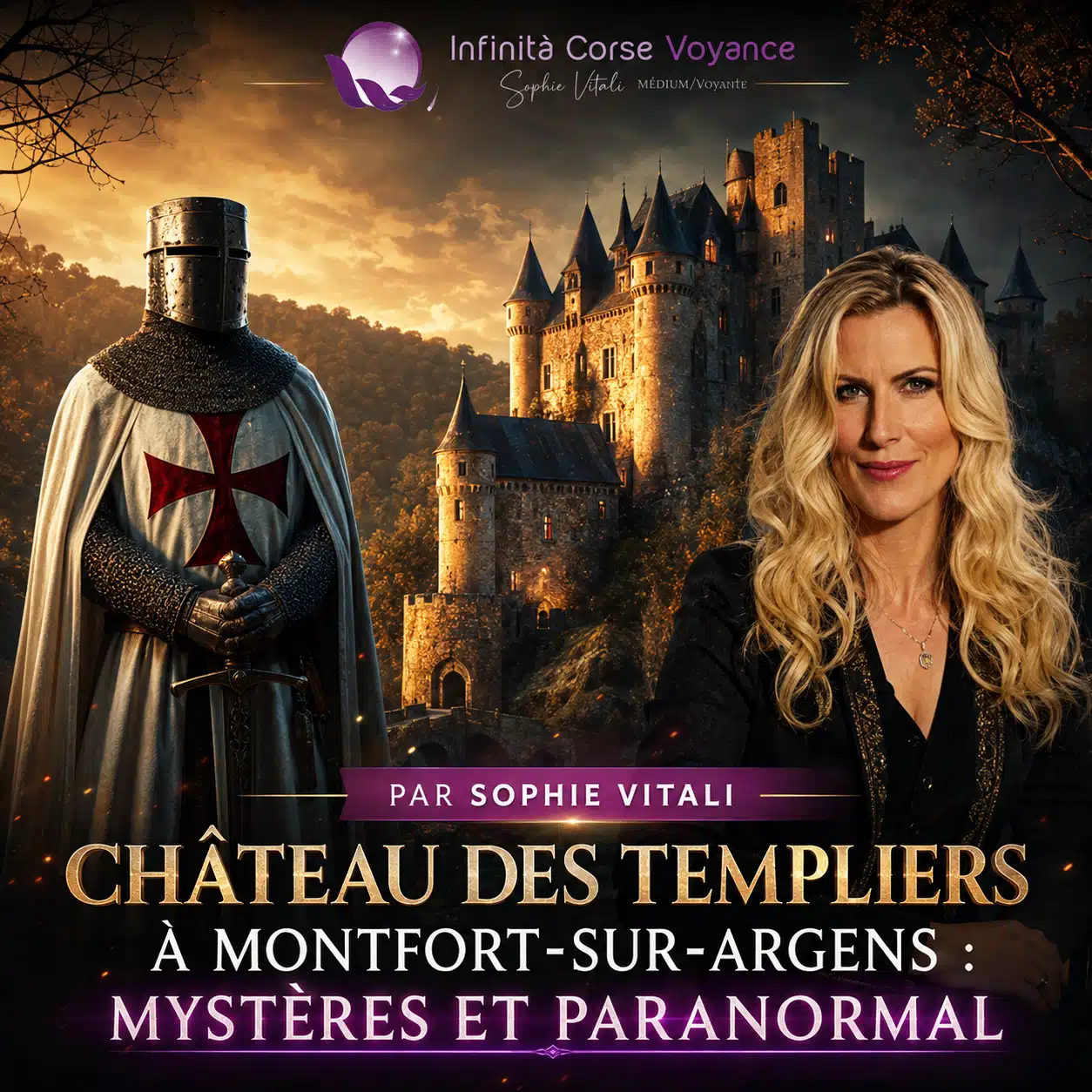Sophie Vitali devant le château des Templiers de Montfort-sur-Argens aux côtés d’un chevalier templier