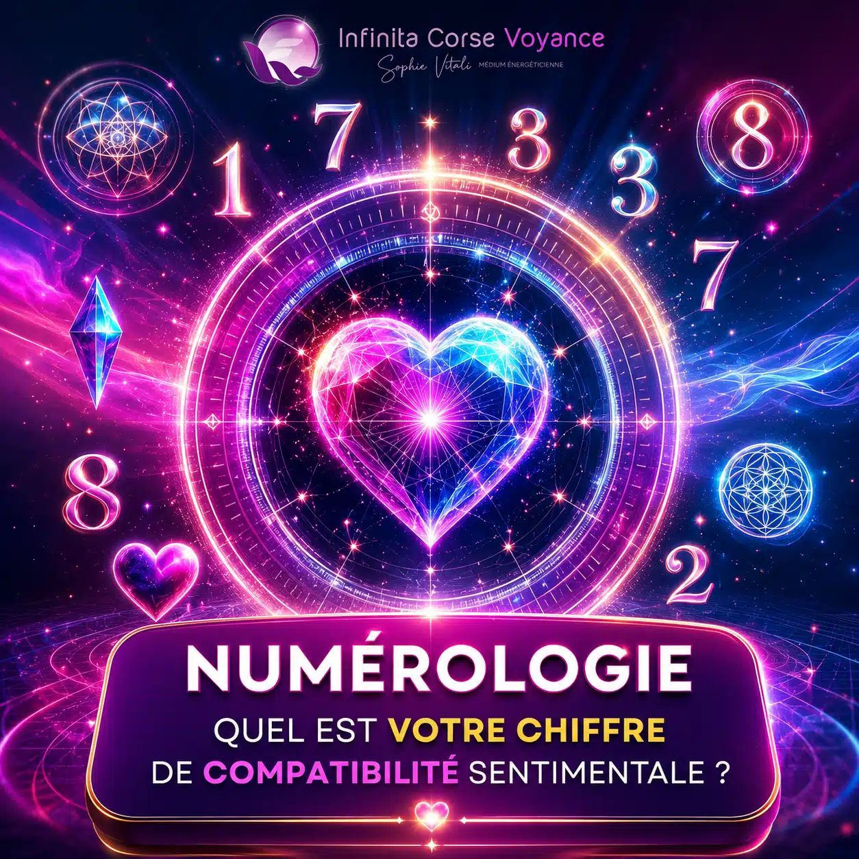 Illustration de compatibilité amoureuse en numérologie avec un cœur lumineux, les chiffres de 1 à 9 et le logo Infinità Corse Voyance