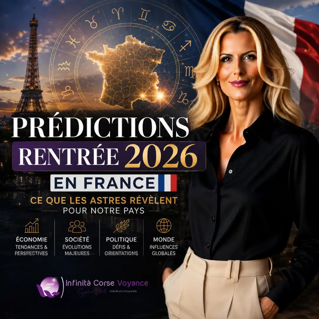 Sophie Vitali devant une carte de France et des symboles astrologiques pour les prédictions de la rentrée 2026 en France