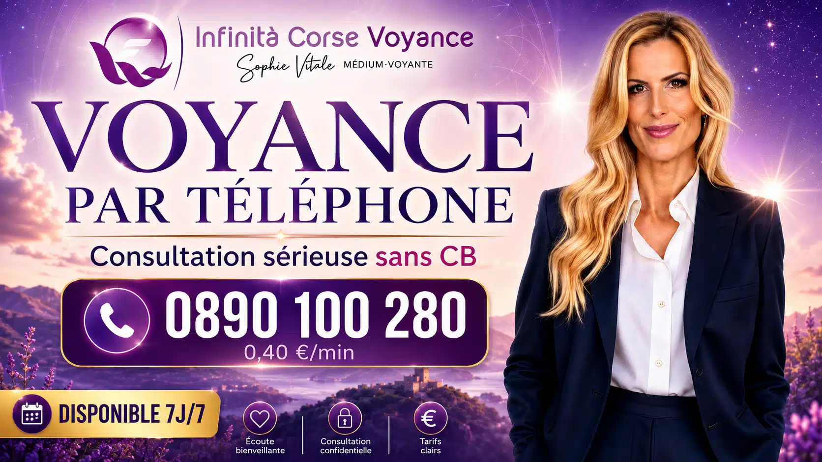 Voyance par téléphone sans CB avec Sophie Vitali sur Infinità Corse Voyance, consultation sérieuse au 0890 100 280 à 0,40 €/min