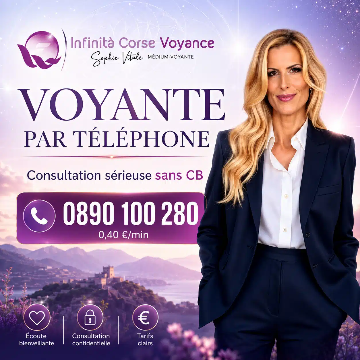 Voyante par téléphone sérieuse sans CB avec Sophie Vitali, Infinità Corse Voyance, audiotel au 0890 100 280 à 0,40 €/min