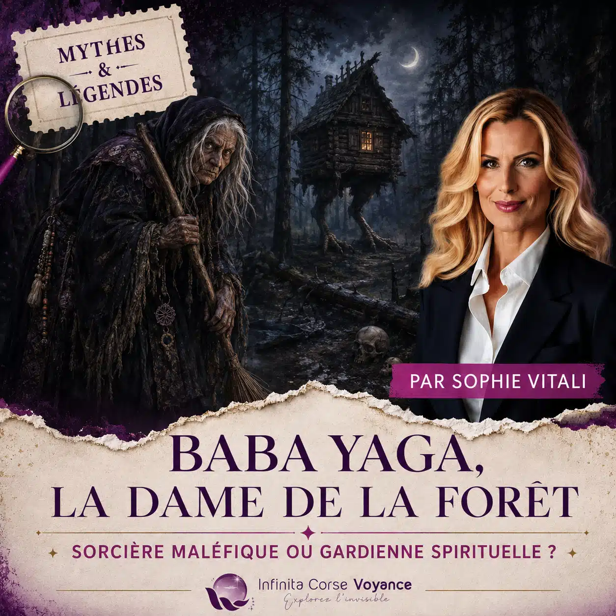 Baba Yaga dans une forêt slave avec sa maison sur pattes de poulet, illustration de la légende par Sophie Vitali