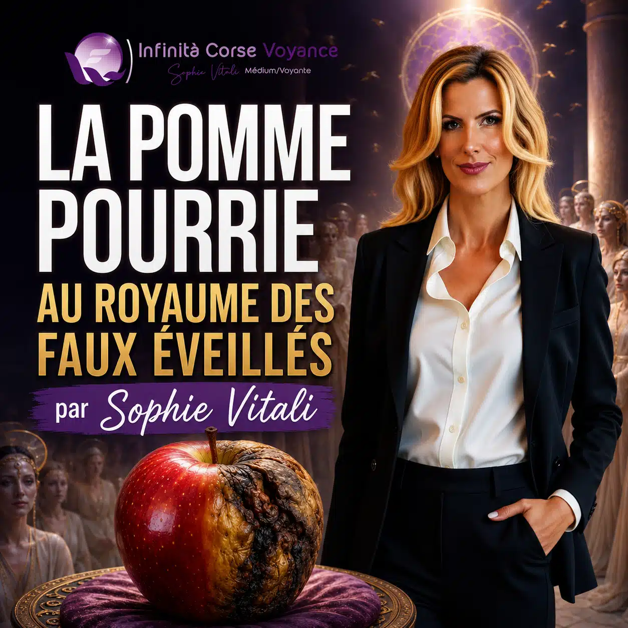 Sophie Vitali face à une pomme pourrie, illustration de l’éveil spirituel, du discernement et des faux éveillés