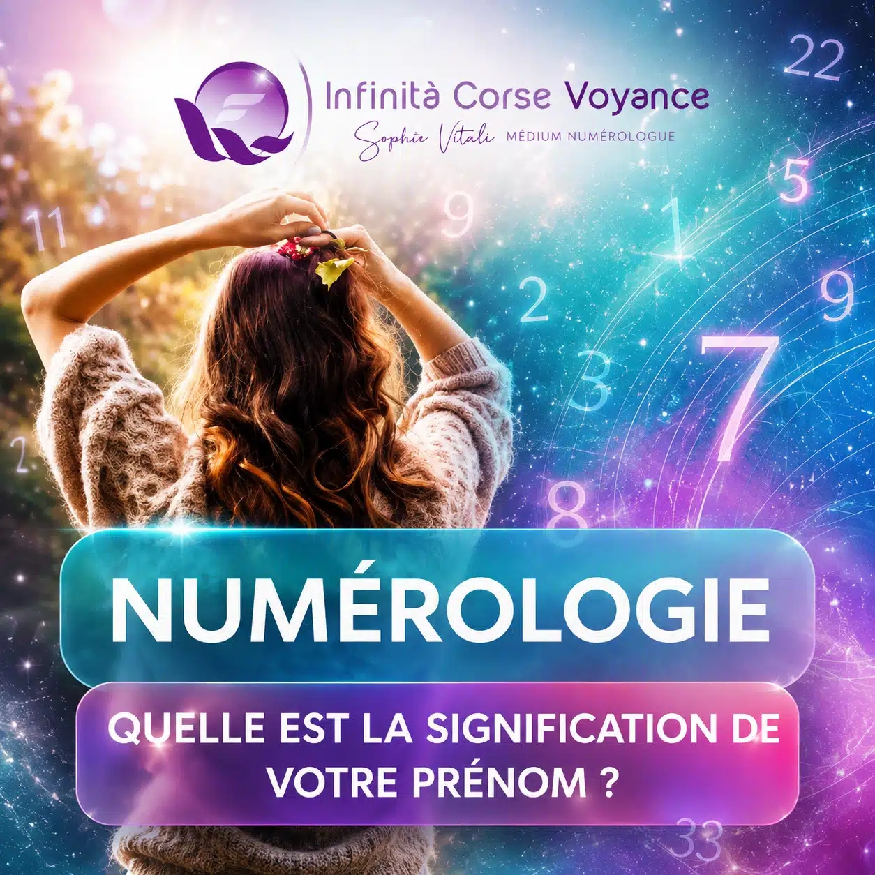 Illustration de la numérologie du prénom avec une femme entourée de chiffres, pour calculer et interpréter son nombre actif.