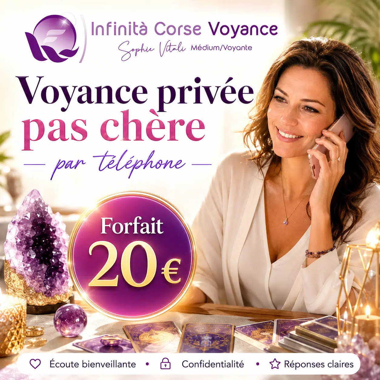 Forfaits de voyance privée dès 20 € les 10 minutes, accessibles depuis la Suisse avec Infinità Corse Voyance