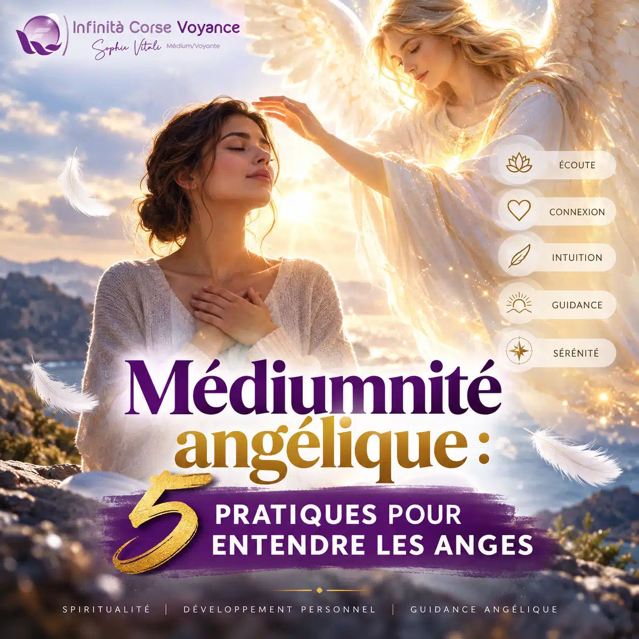 Médiumnité angélique : femme recevant une guidance d’un ange, illustration des 5 pratiques pour entendre les anges