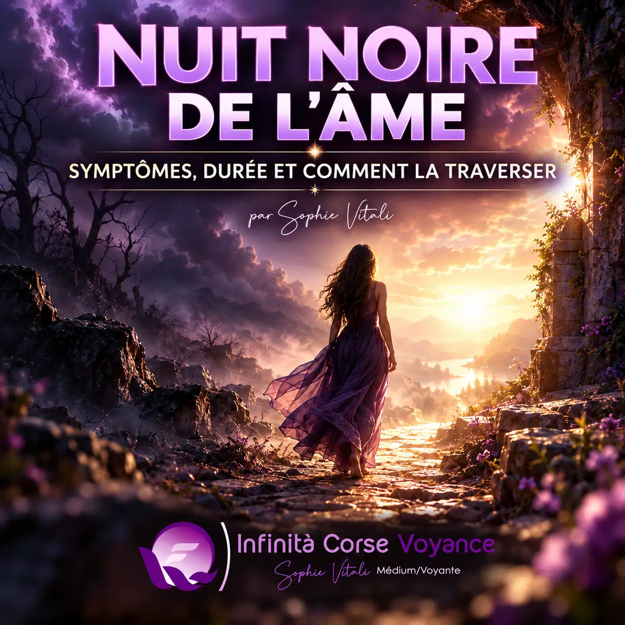Femme marchant de l’ombre vers la lumière, illustration de la nuit noire de l’âme, de ses symptômes et de sa traversée.