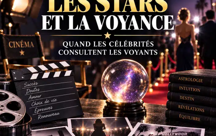 Stars du cinéma sur tapis rouge et boule de cristal illustrant les célébrités qui consultent des voyants