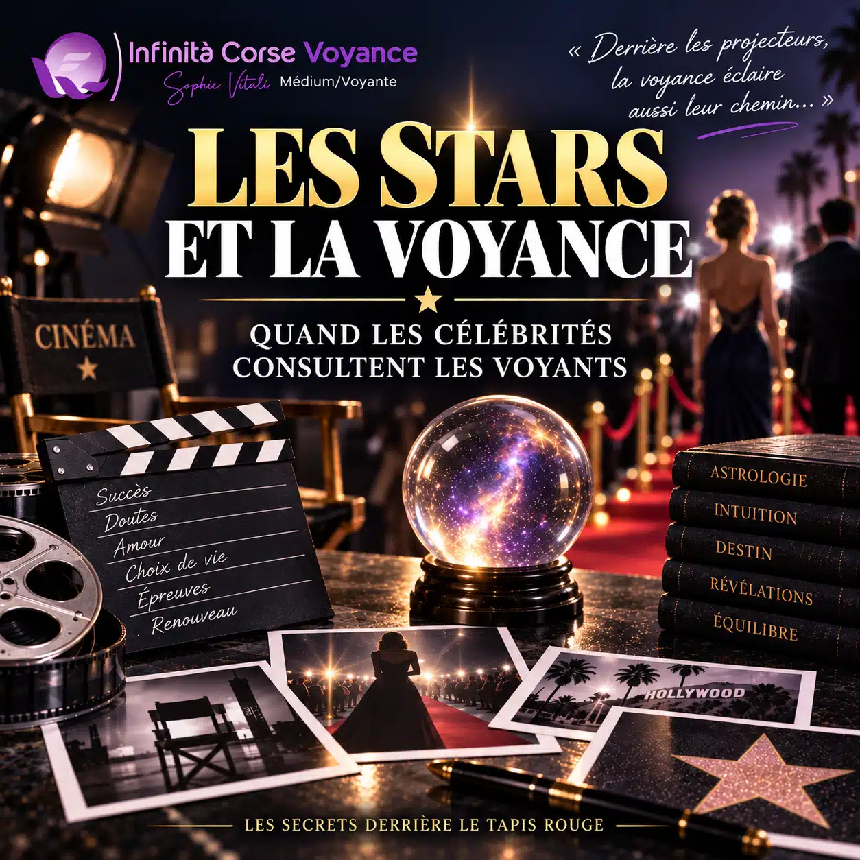 Stars du cinéma sur tapis rouge et boule de cristal illustrant les célébrités qui consultent des voyants