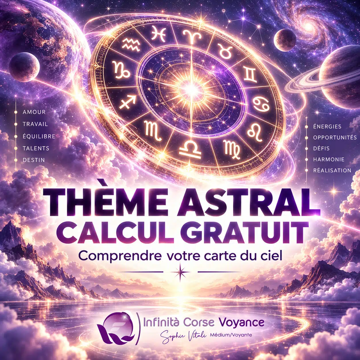 Thème astral gratuit avec roue du zodiaque et carte du ciel pour comprendre le Soleil, la Lune, l’Ascendant, les planètes et les maisons astrologiques