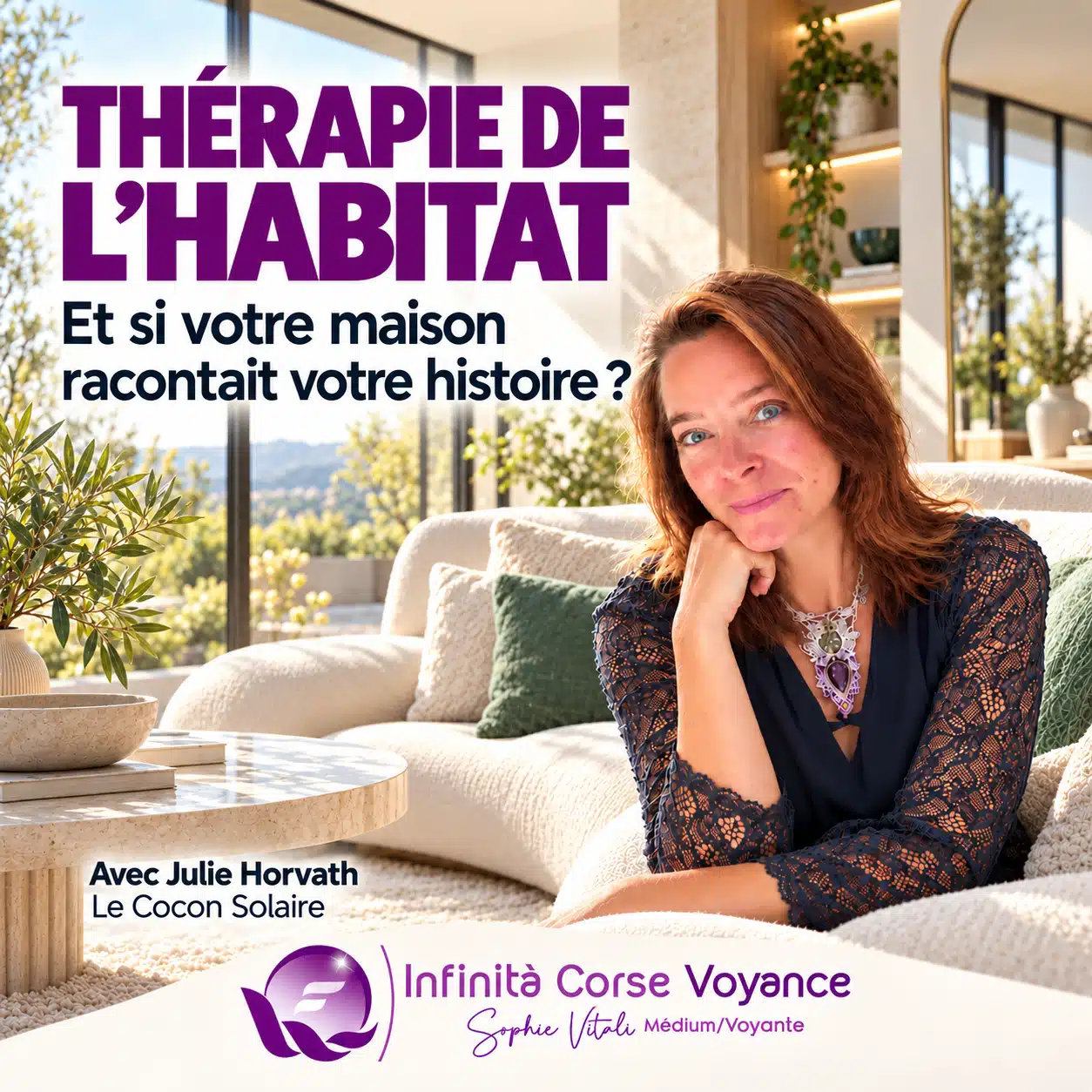 Julie Horvath assise dans un salon lumineux, sous le titre « Thérapie de l’habitat : et si votre maison racontait votre histoire ? ».