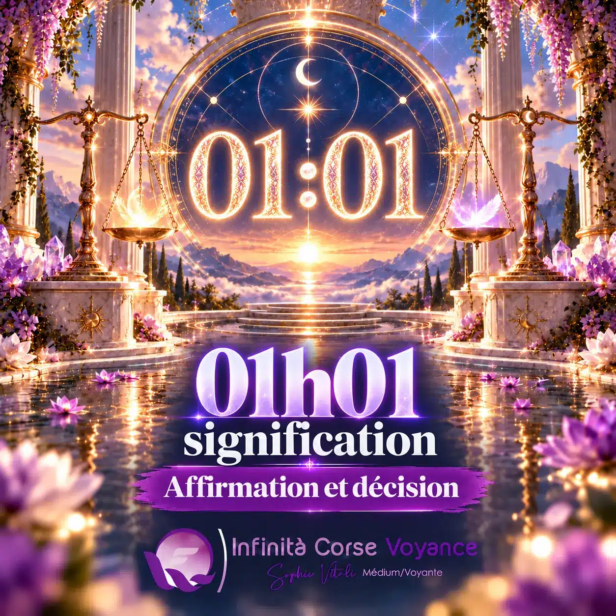 Heure miroir 01h01 signification, affirmation et décision : chiffres 01:01 lumineux dans un portail céleste, par Sophie Vitali