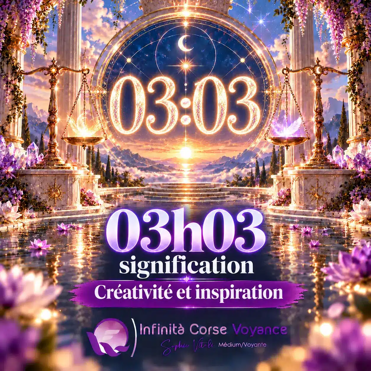Heure miroir 03h03 signification, créativité et inspiration : chiffres 03:03 lumineux dans un portail céleste, par Sophie Vitali