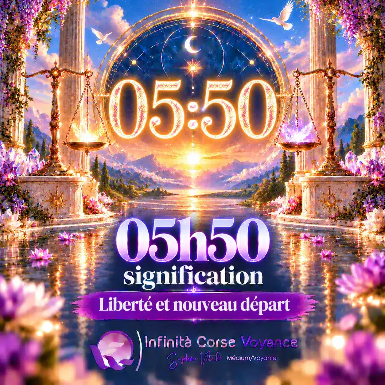 Heure inversée 05h50 signification, liberté et nouveau départ : chiffres 05:50 lumineux dans un portail céleste, par Sophie Vitali