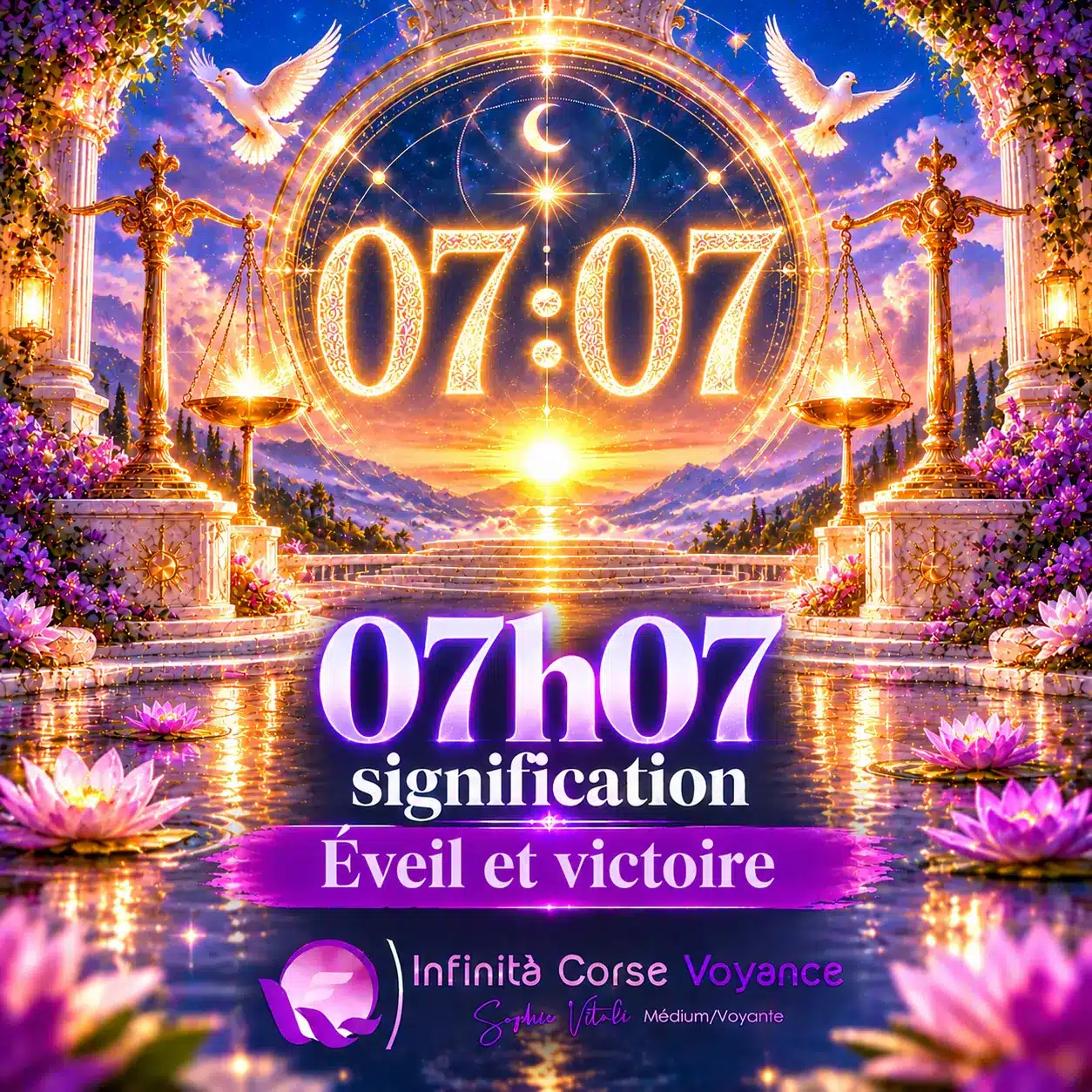 Heure miroir 07h07 signification, éveil et victoire : chiffres 07:07 lumineux dans un portail céleste, par Sophie Vitali