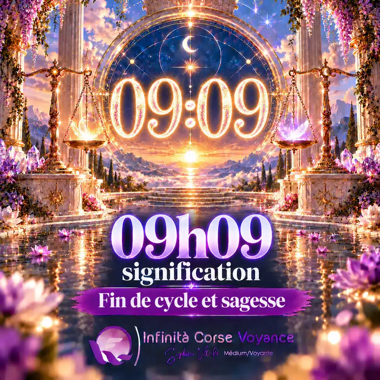 Heure miroir 09h09 signification, fin de cycle et sagesse : chiffres 09:09 lumineux dans un portail céleste, par Sophie Vitali