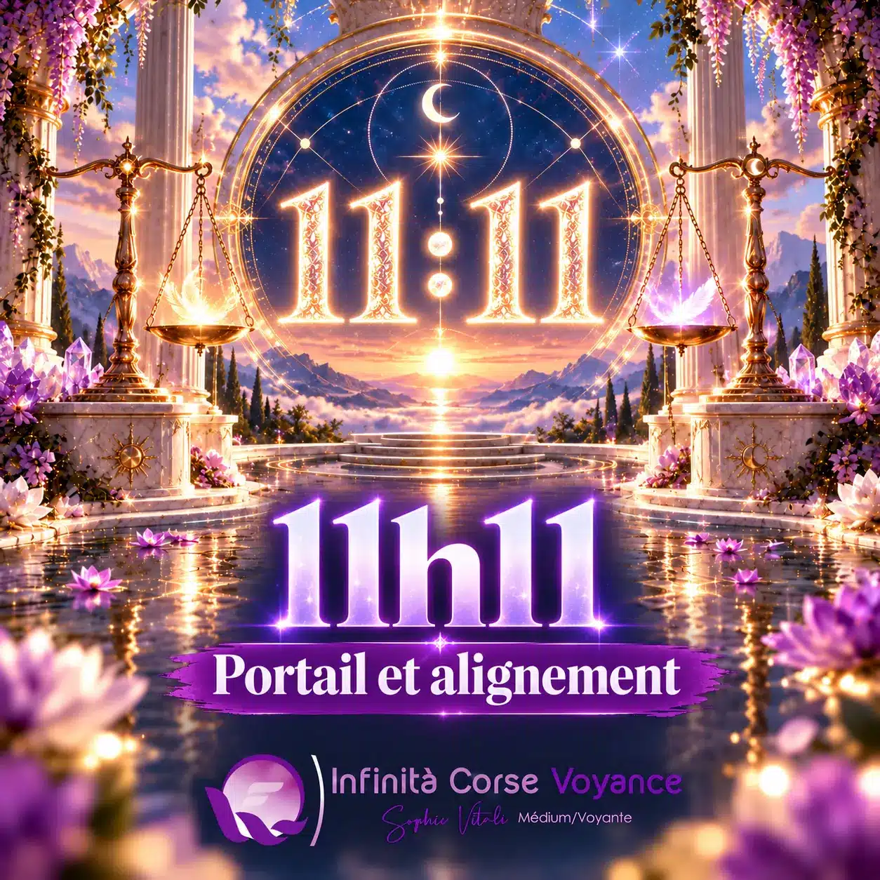 Heure miroir 11h11, portail et alignement : chiffres 11:11 dorés dans un portail céleste entre deux balances, par Sophie Vitali