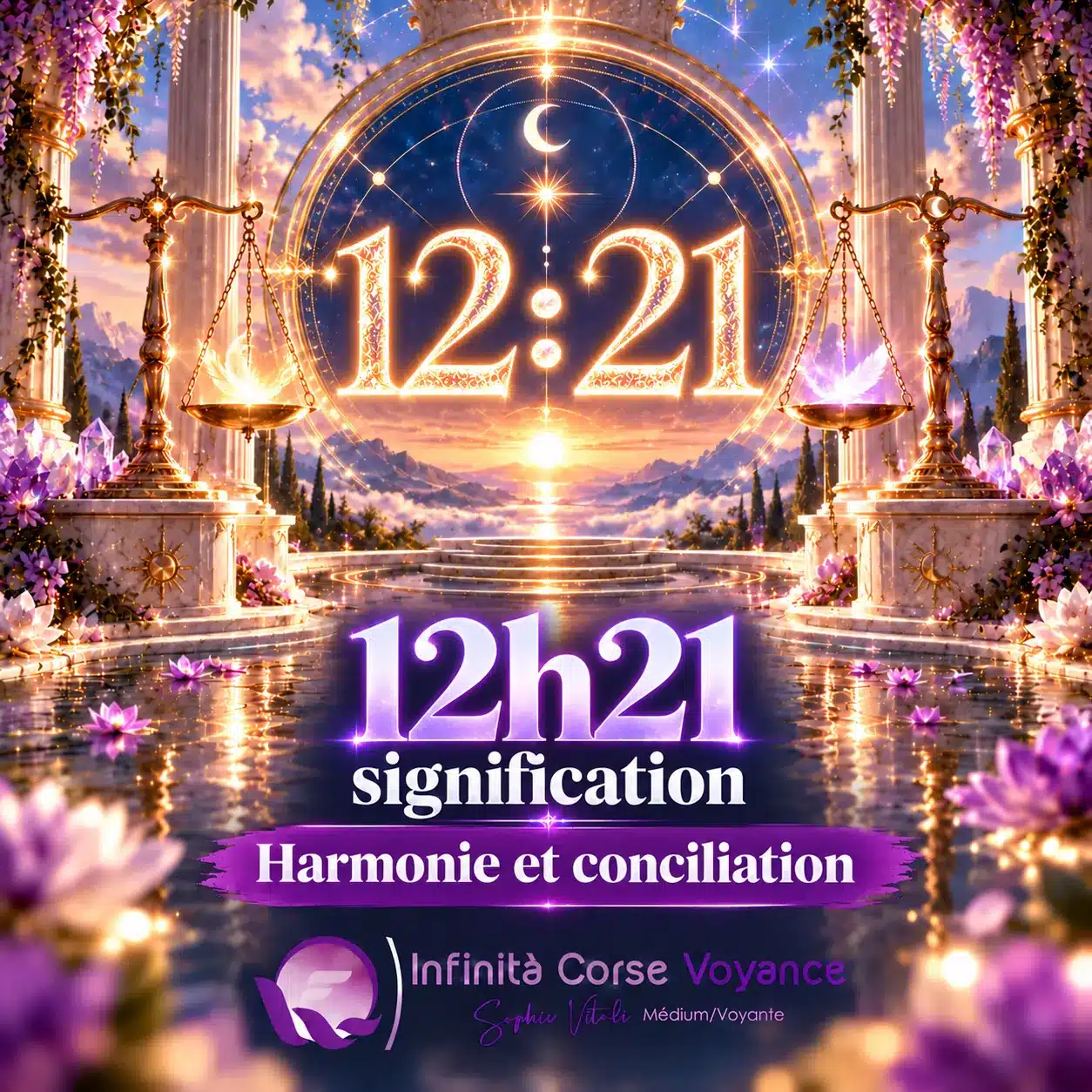 Heure inversée 12h21 signification, harmonie et conciliation : chiffres 12:21 lumineux dans un portail céleste, par Sophie Vitali