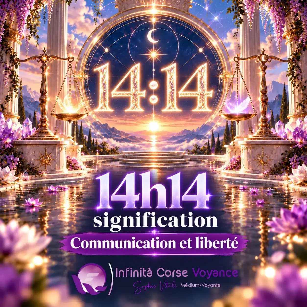 Heure miroir 14h14 signification, communication et liberté : chiffres 14:14 dorés dans un portail céleste, par Sophie Vitali