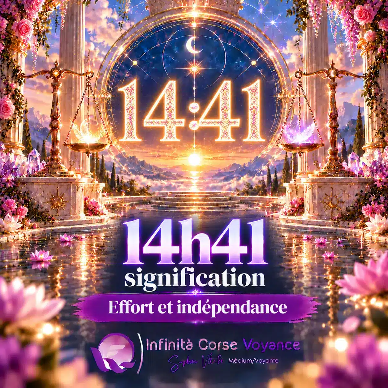 Heure inversée 14h41 signification, effort et indépendance : chiffres 14:41 lumineux dans un portail céleste, par Sophie Vitali