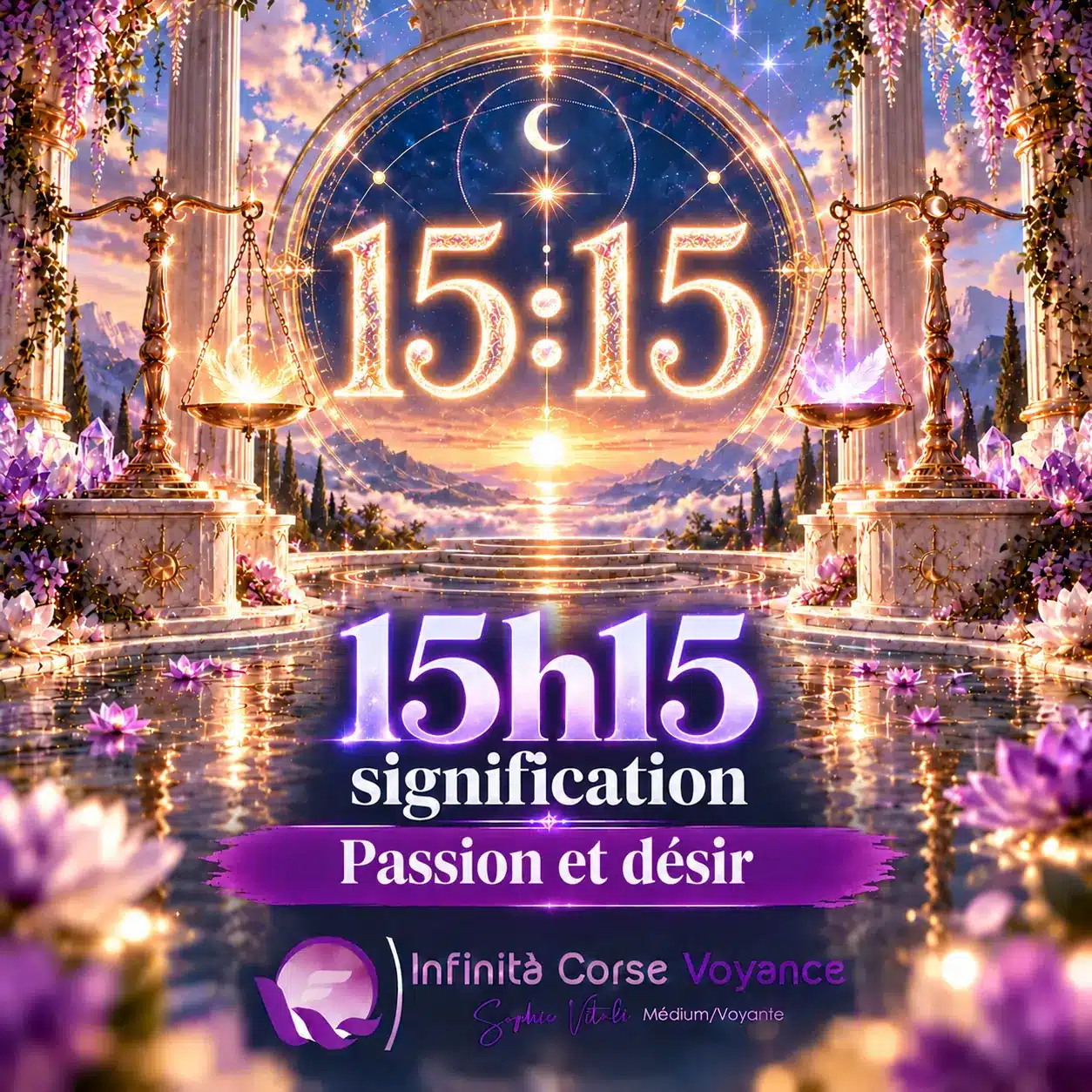 Heure miroir 15h15 signification, passion et désir : chiffres 15:15 dorés dans un portail céleste, par Sophie Vitali