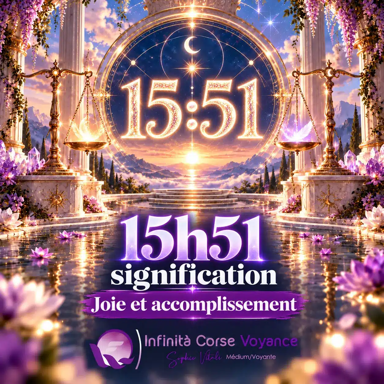 Heure inversée 15h51 signification, joie et accomplissement : chiffres 15:51 lumineux dans un portail céleste, par Sophie Vitali