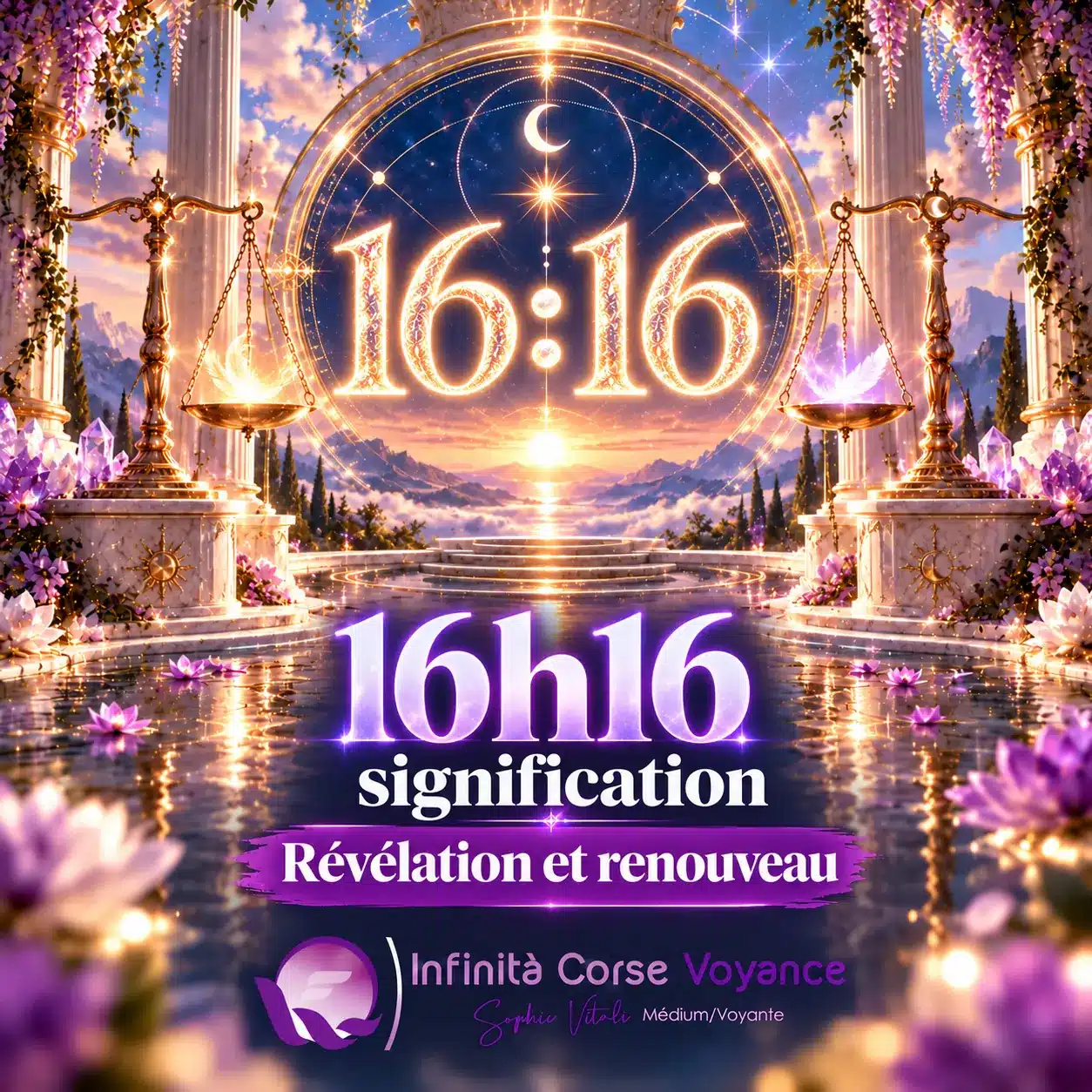 Heure miroir 16h16 signification, révélation et renouveau : chiffres 16:16 dorés dans un portail céleste, par Sophie Vitali